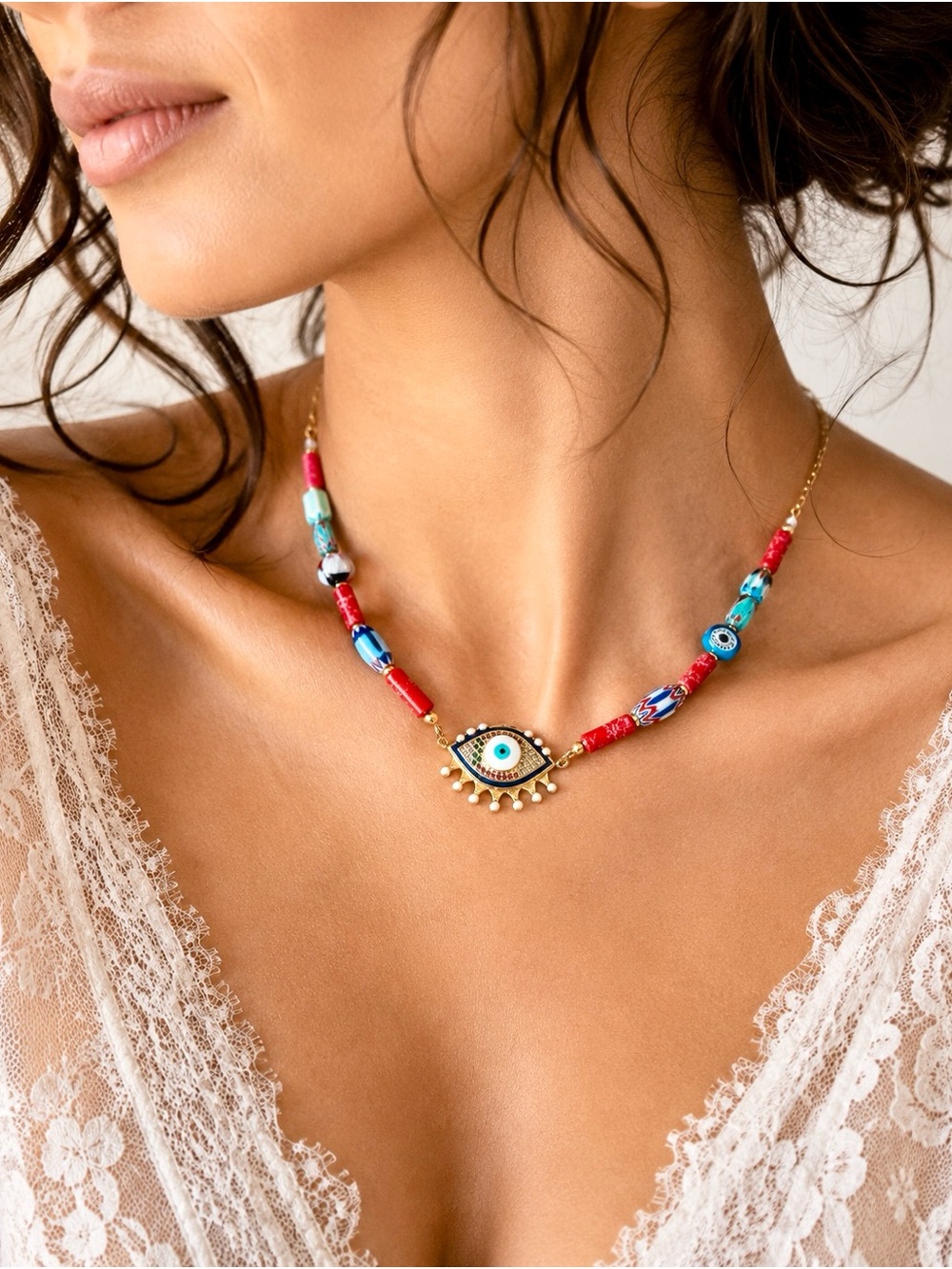Gold Eye Beaded Necklace with Red and Turquoise lampwork and tribal Murano beads